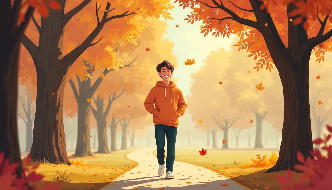A serene park in autumn with a person walking mindfully along a tree-lined path, leaves gently falling around them. The individual has a calm, content expr