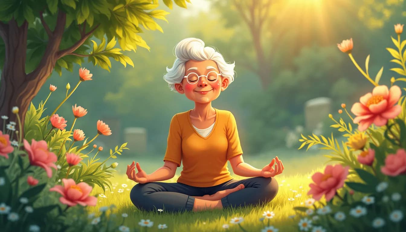 An elderly person sitting peacefully in a serene garden, practicing meditation with eyes closed and a soft smile. In the background, blooming flowers and l