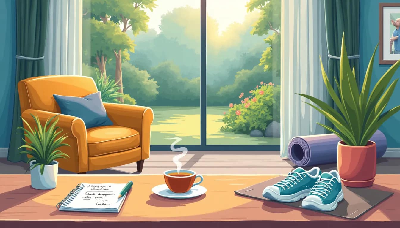 A serene home office setup with a cozy chair, a desk with a few organized essentials, and a large window letting in natural light. Outside the window, ther