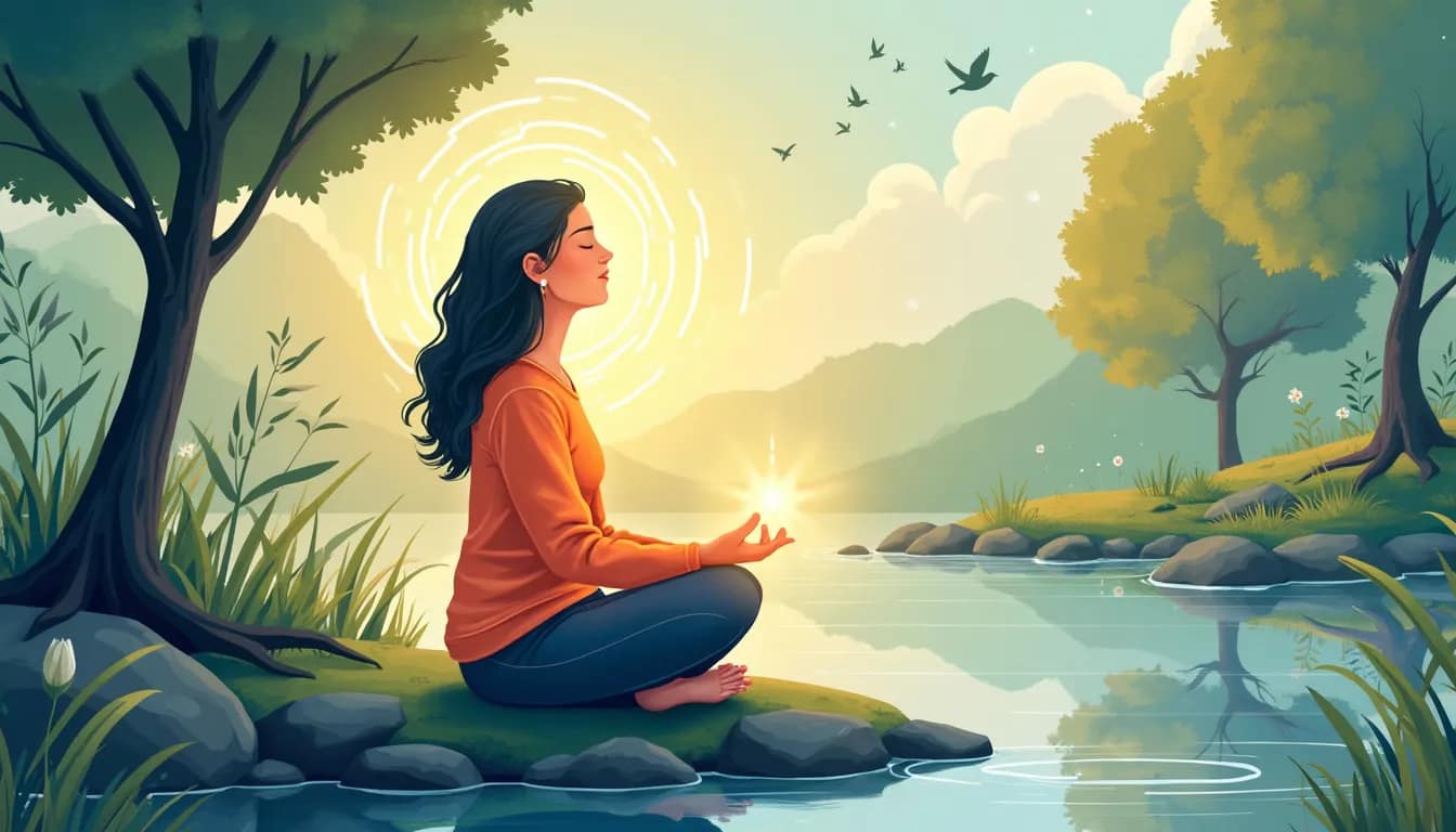 A serene illustration of a person sitting cross-legged in a peaceful outdoor setting, surrounded by nature. The person has their eyes closed and is taking