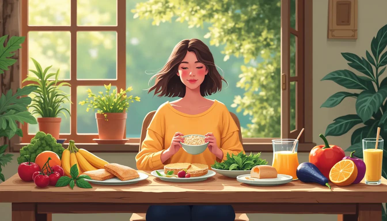 A serene breakfast scene featuring a diverse, colorful spread of healthy foods such as fresh fruits, vegetables, whole grains, and a small portion of lean