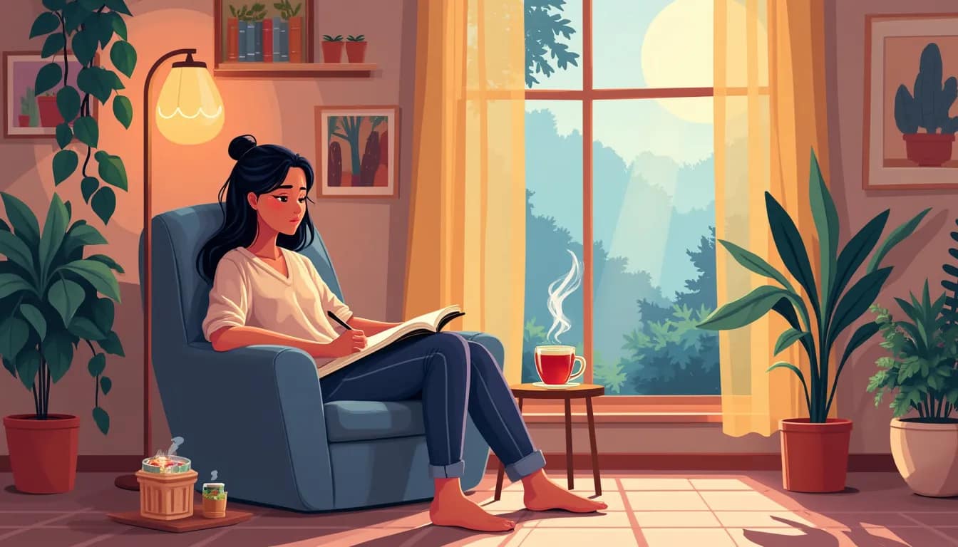 An image of a serene, cozy space with a person sitting comfortably on a plush chair, writing in a journal with a calm expression. Surround them with elemen