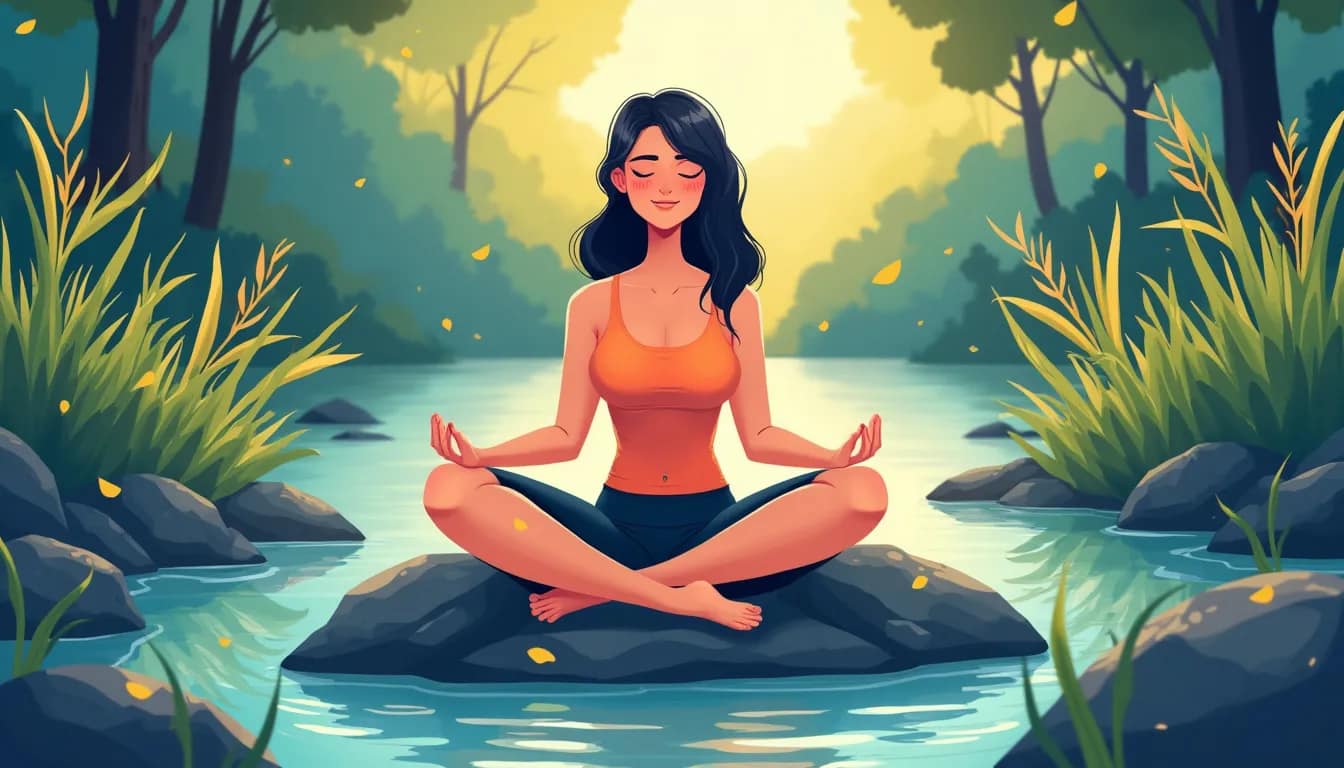 An illustration of a peaceful person sitting in nature, surrounded by lush greenery and gentle flowing water, meditating with a serene smile. Their phone i
