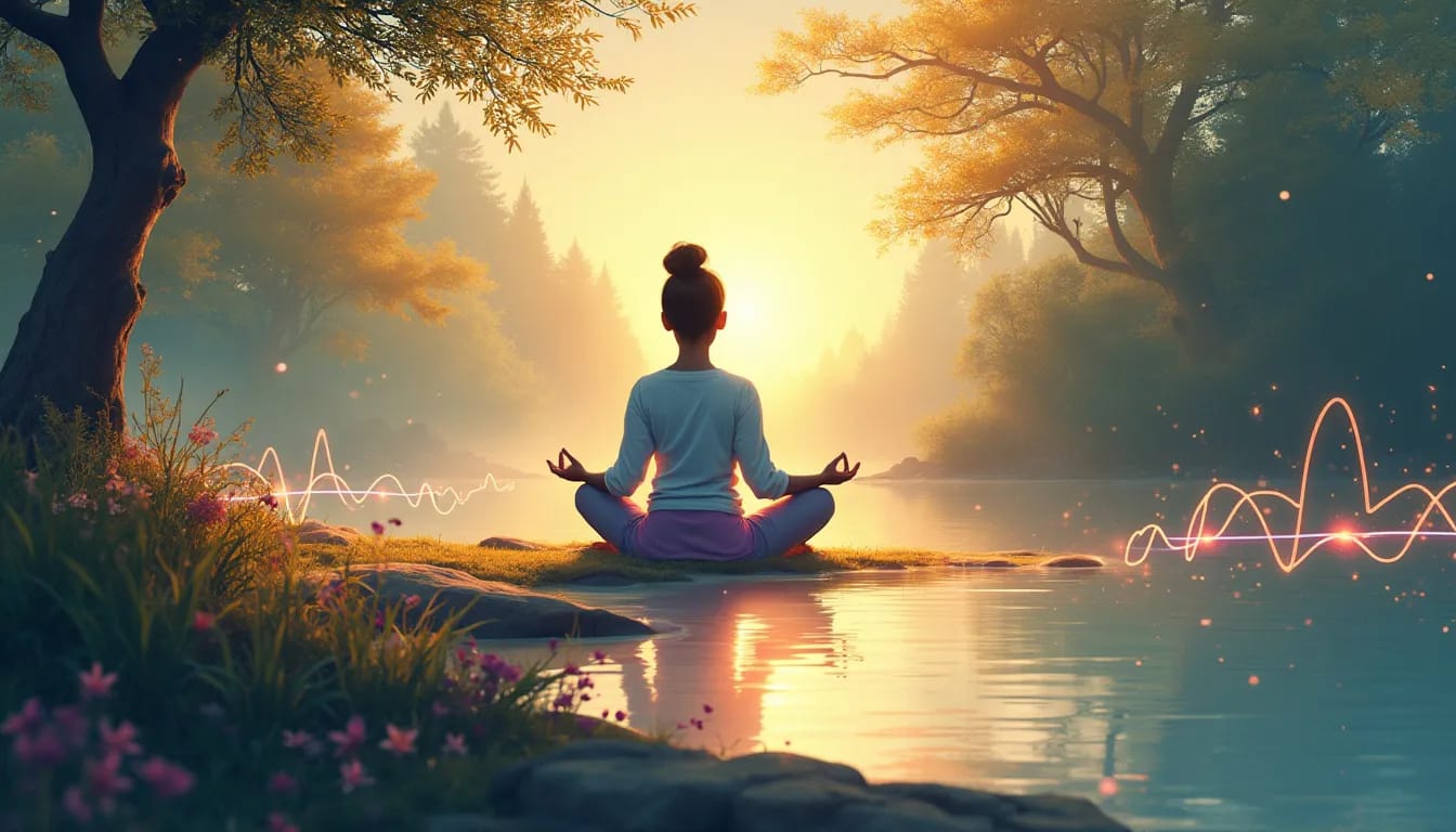 A serene scene of a person meditating in a tranquil natural setting, surrounded by soft glowing light, with subtle abstract representations of neurons and
