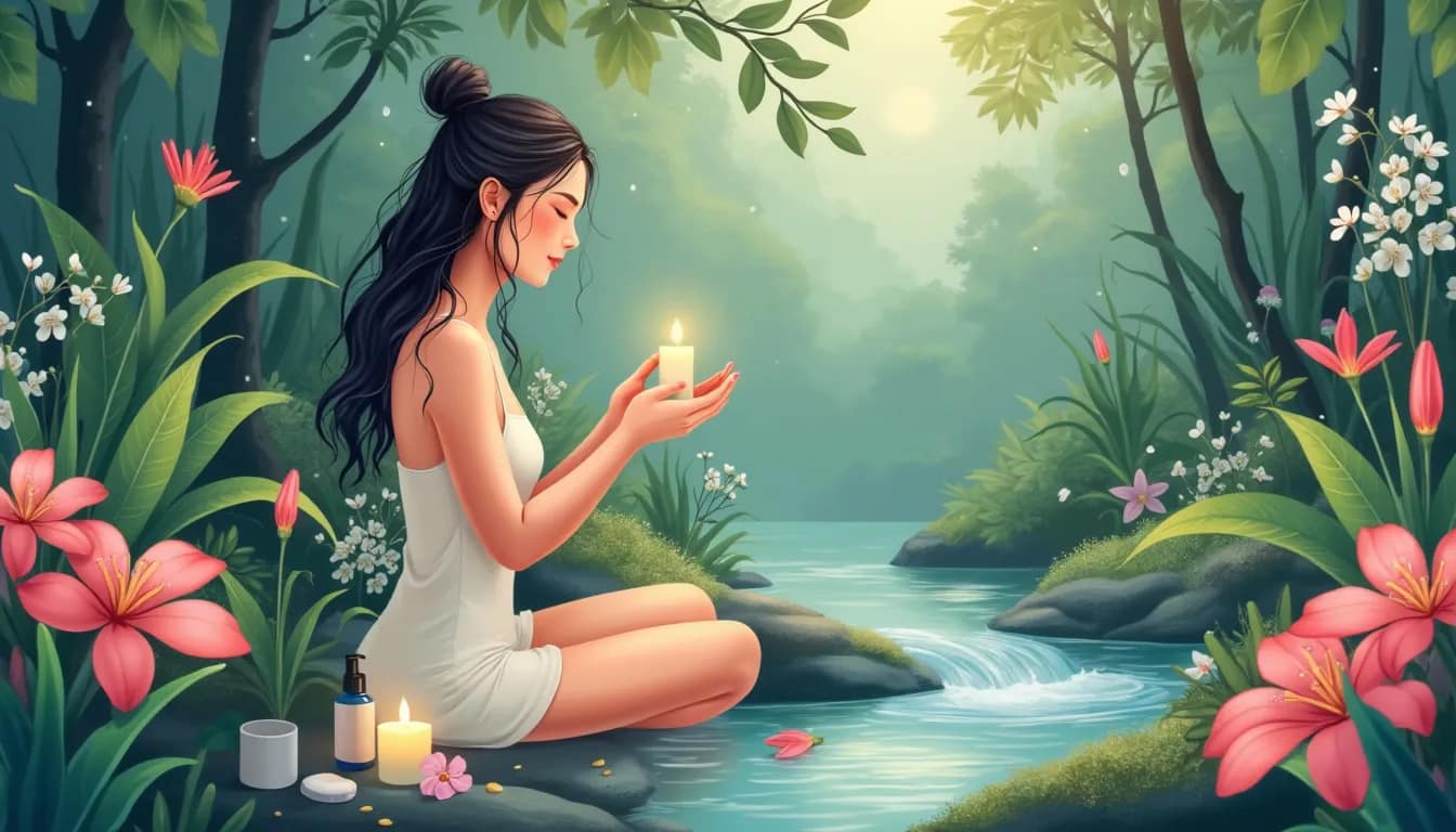 Create an image of a peaceful, serene setting featuring a person practicing a mindful skincare routine. The individual is surrounded by elements of nature