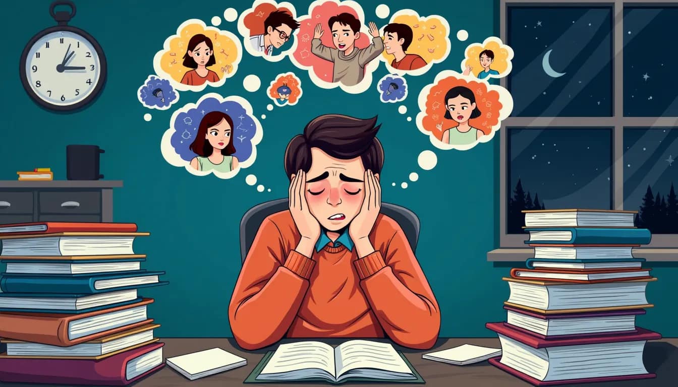 A person sitting at a desk surrounded by piles of books and papers, with dark circles under their eyes and a distressed expression on their face. The backg