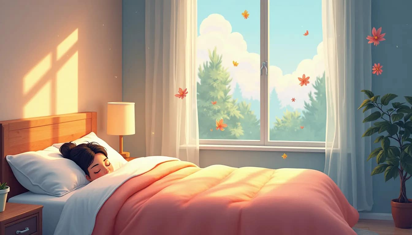 A serene bedroom scene with natural light softly streaming through a window. A cozy bed with fluffy pillows and a warm blanket, with a person peacefully sl