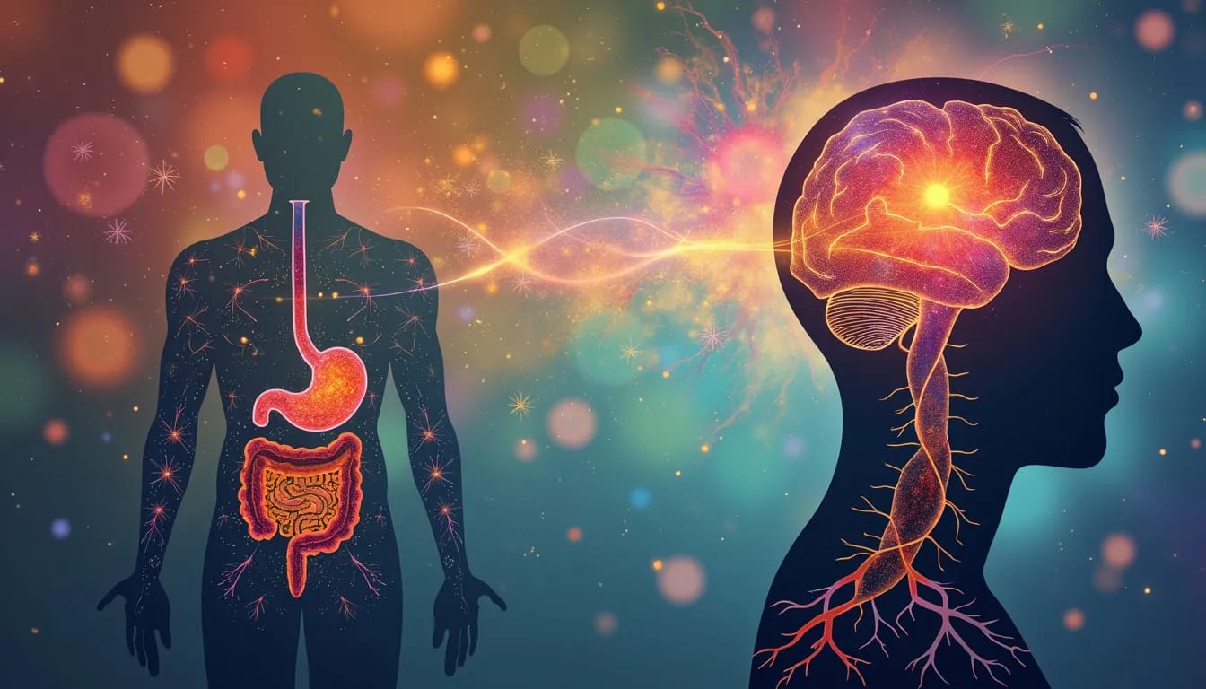 Create an image that visually represents the connection between gut health and mental well-being. The image could depict a human silhouette with a vibrant,