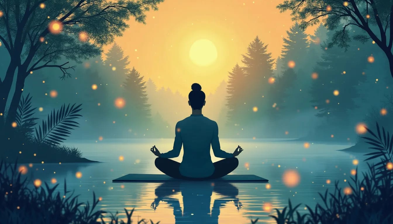 Create an image of a person meditating in a peaceful, natural environment such as a forest or by a lake. Surround them with soft glowing lights to symboliz