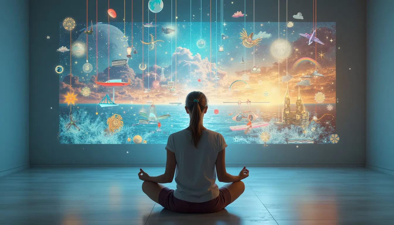 A serene individual sitting cross-legged in a peaceful, minimalist room. Behind them, a dynamic holographic projection displays a series of vivid, imaginat
