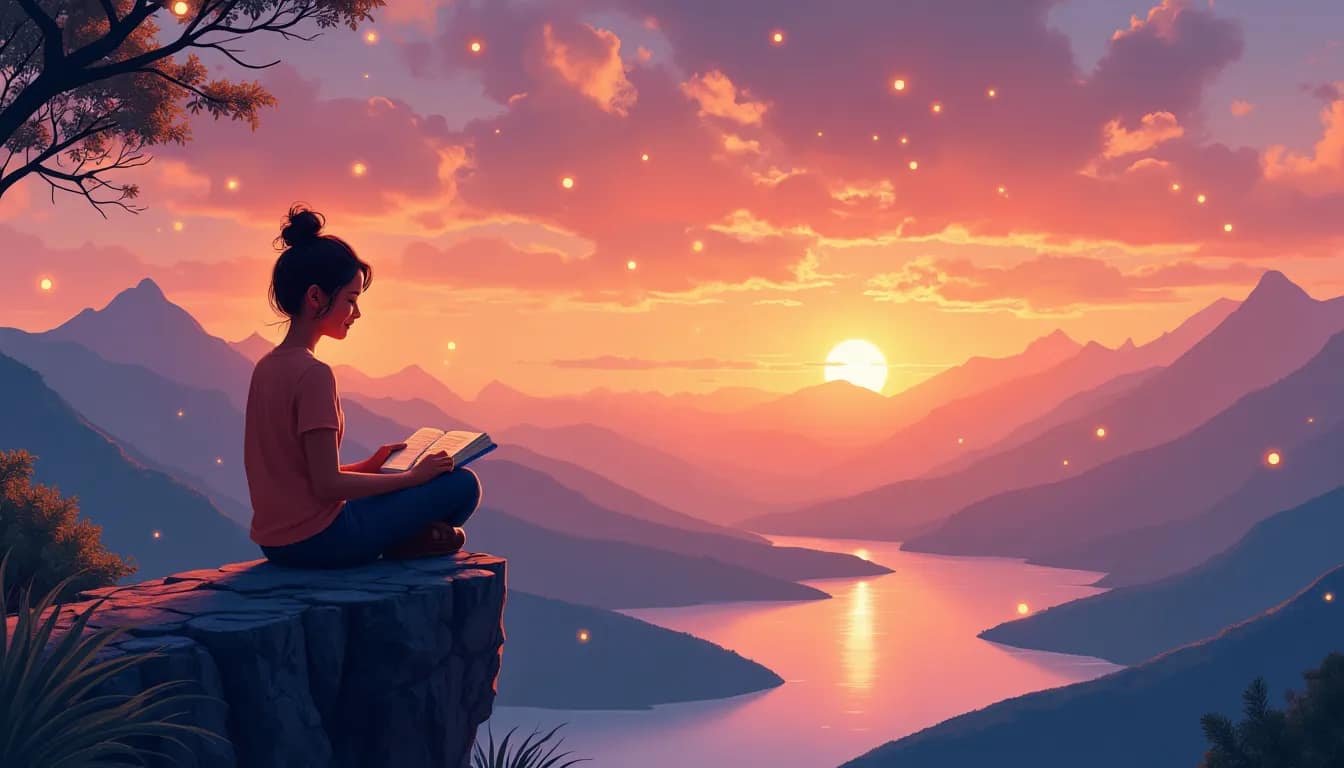 A serene scene featuring a person sitting at the edge of a cliff during sunset, with a journal in their lap and a peaceful smile on their face. Around them