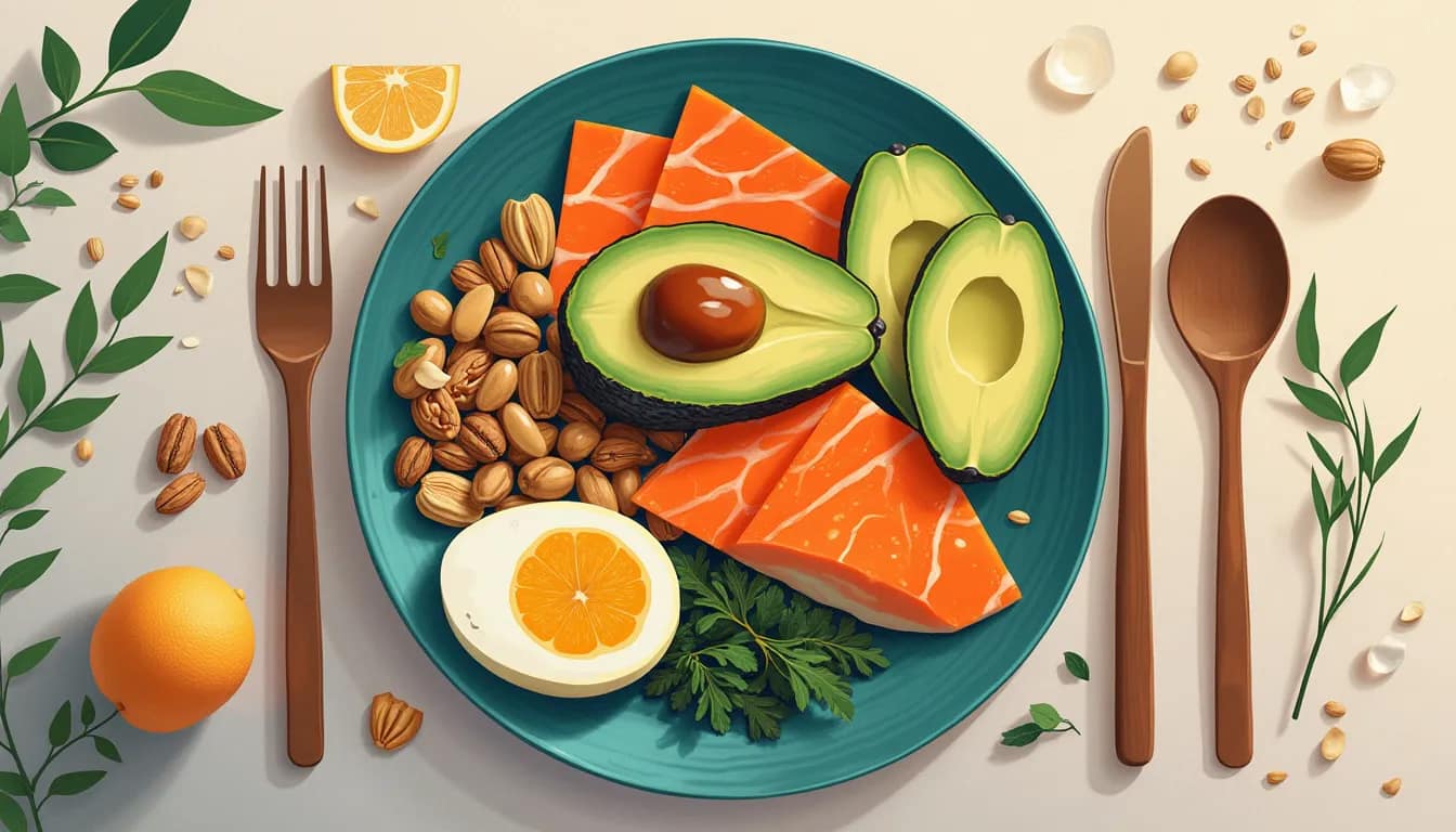 Create an image depicting a balanced, colorful plate of food that highlights healthy fats, such as avocado, nuts, seeds, olive oil, and fish, arranged beau