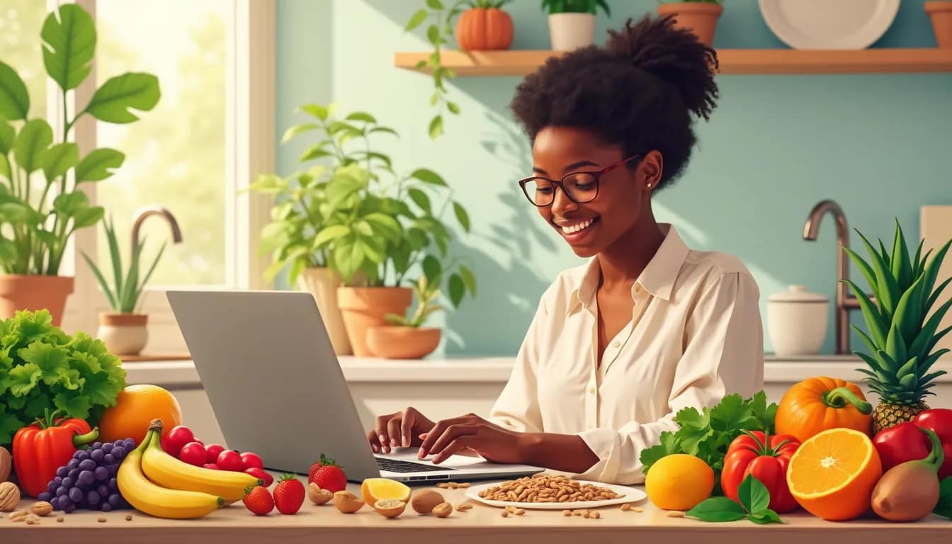 A vibrant image of a person sitting at a desk, focused and smiling while working on a laptop. Surrounding them are an array of colorful fruits, vegetables,