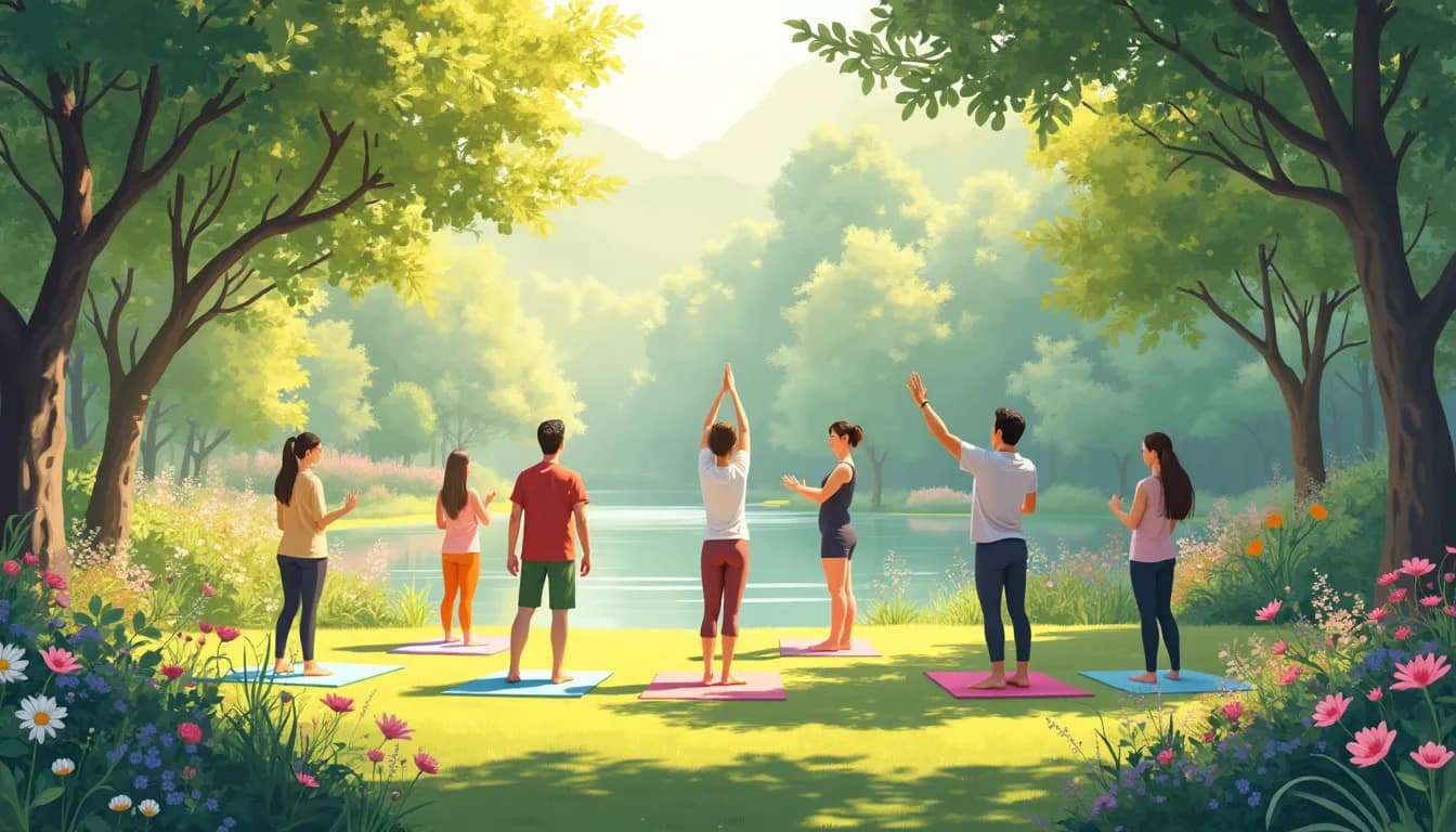A serene outdoor setting with people practicing mindful movement exercises such as yoga, Tai Chi, and walking meditation among lush greenery and blooming f