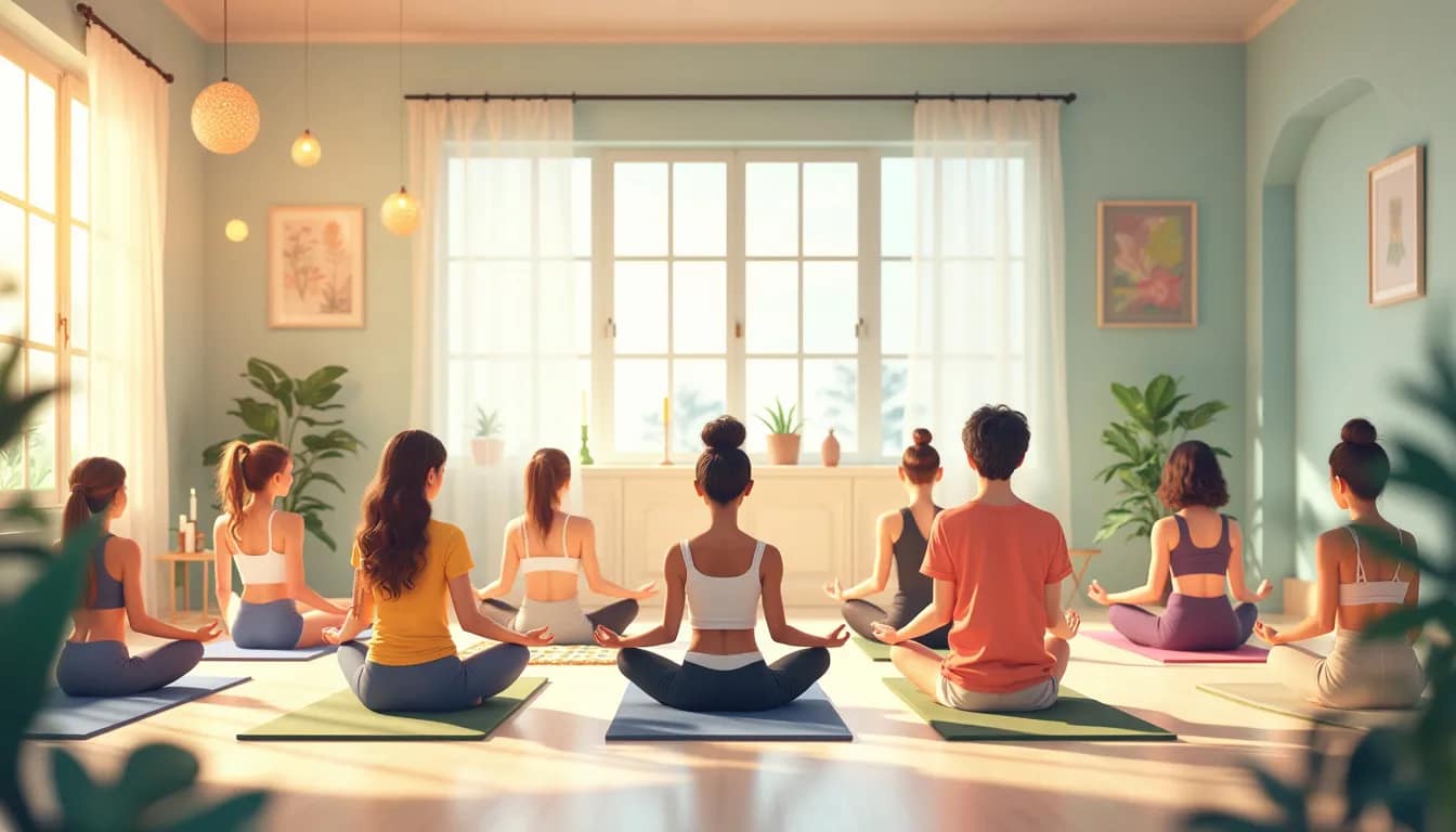 A serene yoga studio bathed in natural sunlight, with large windows overlooking a tranquil garden. A diverse group of individuals is engaged in different y