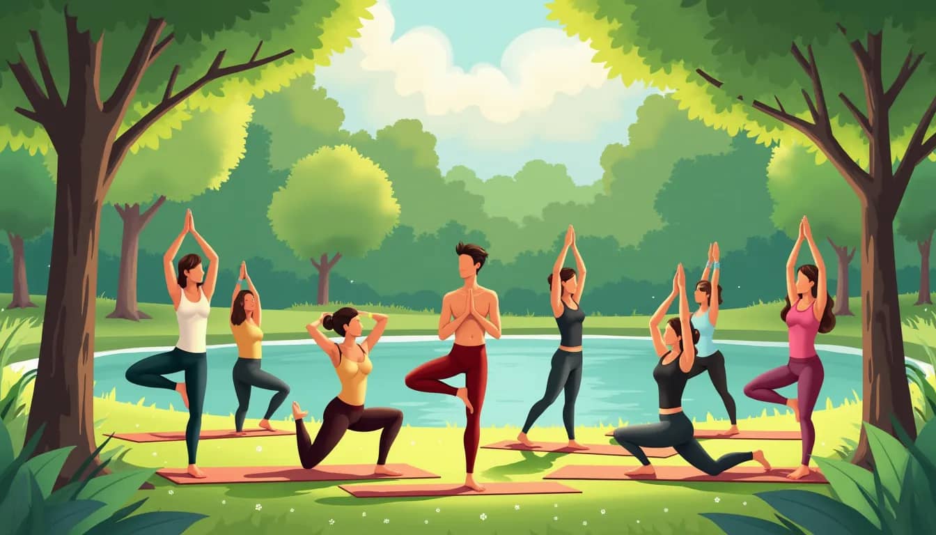 A serene outdoor yoga session in a lush green park, with diverse individuals practicing different yoga poses such as Mountain Pose, Tree Pose, and Warrior