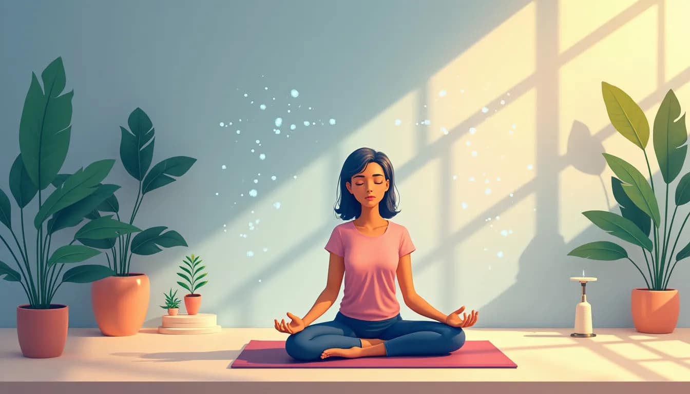 Create an image of a serene, minimalist workspace with calming natural elements like plants and sunlight. In the background, a person is practicing mindful